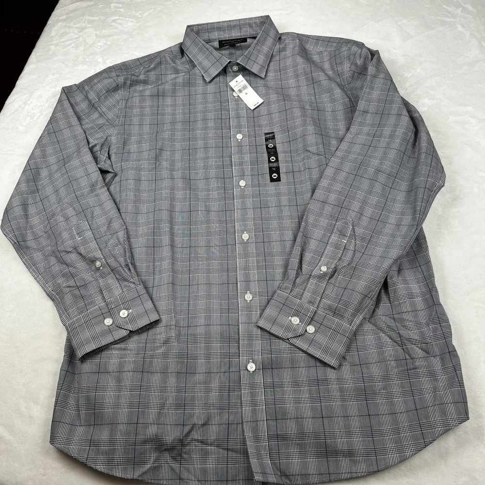 Banana Republic Mens XL Non-Iron Standard Fit Shirt Grey Blue Glen Plaid NWT